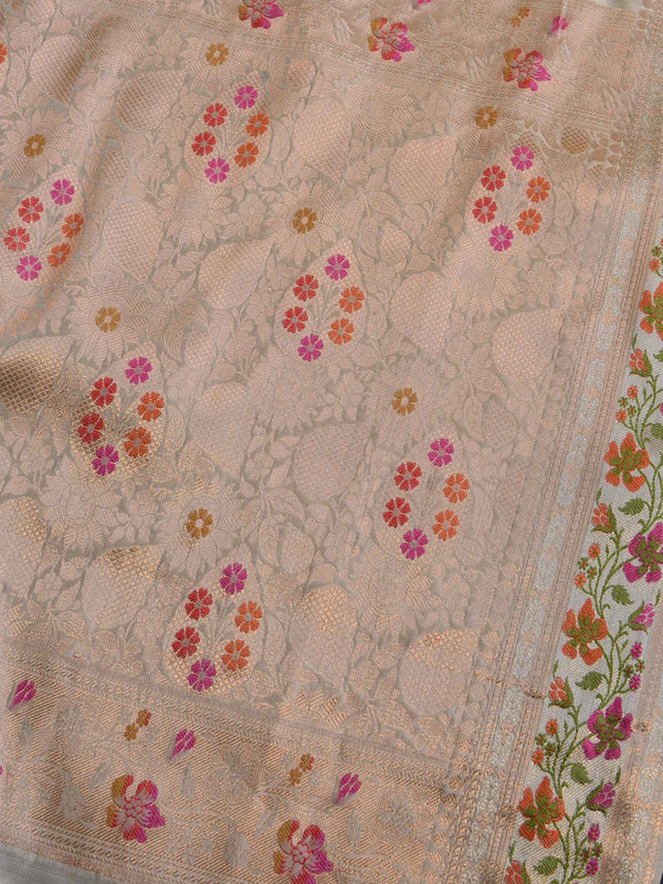 Banarasee Handloom Pure Chiniya Silk Saree With Zari & Meena Work-Ivory White