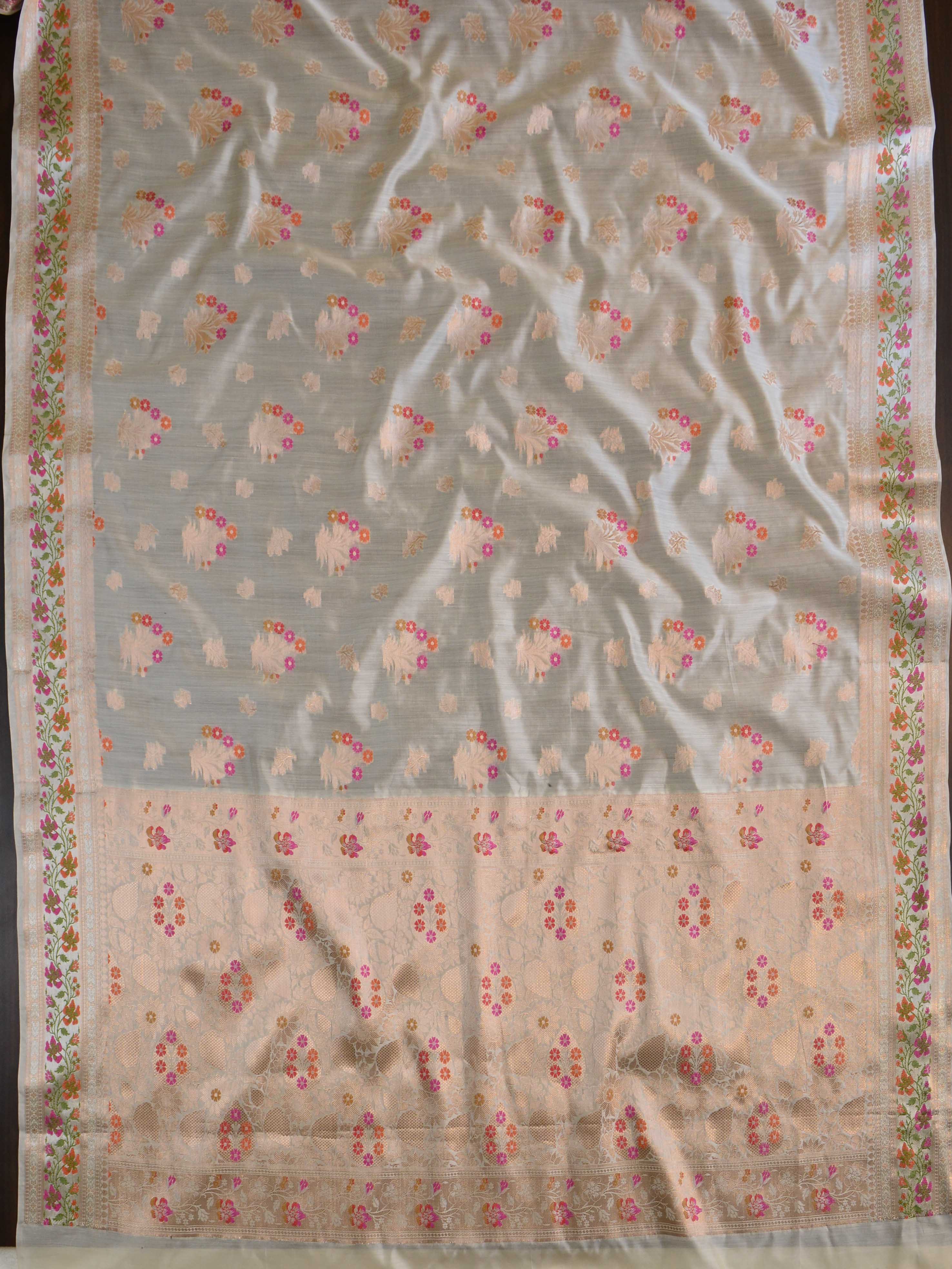 Banarasee Handloom Pure Chiniya Silk Saree With Zari & Meena Work-Ivory White