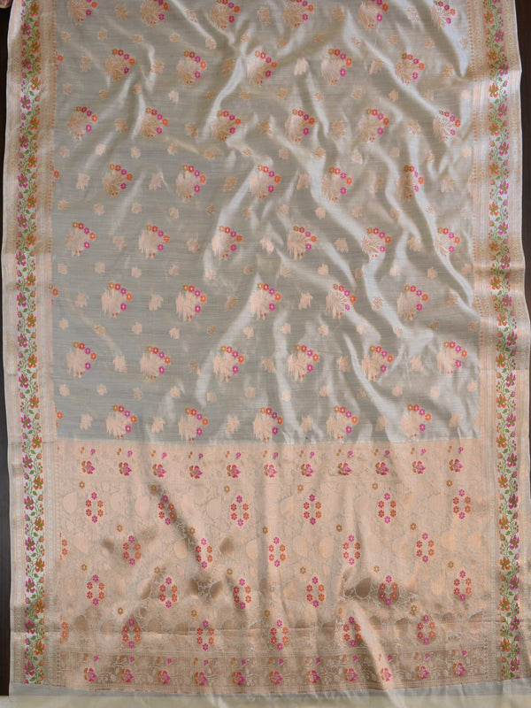 Banarasee Handloom Pure Chiniya Silk Saree With Zari & Meena Work-Ivory White