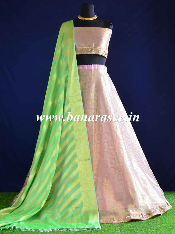 Banarasee Stitched Organza Lehenga & Blouse Fabric With Semi Silk Dupatta-Pink & Green
