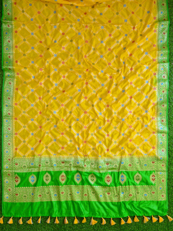 Banarasee Salwar Kameez Glossy Semi Silk Fabric-Green & Yellow