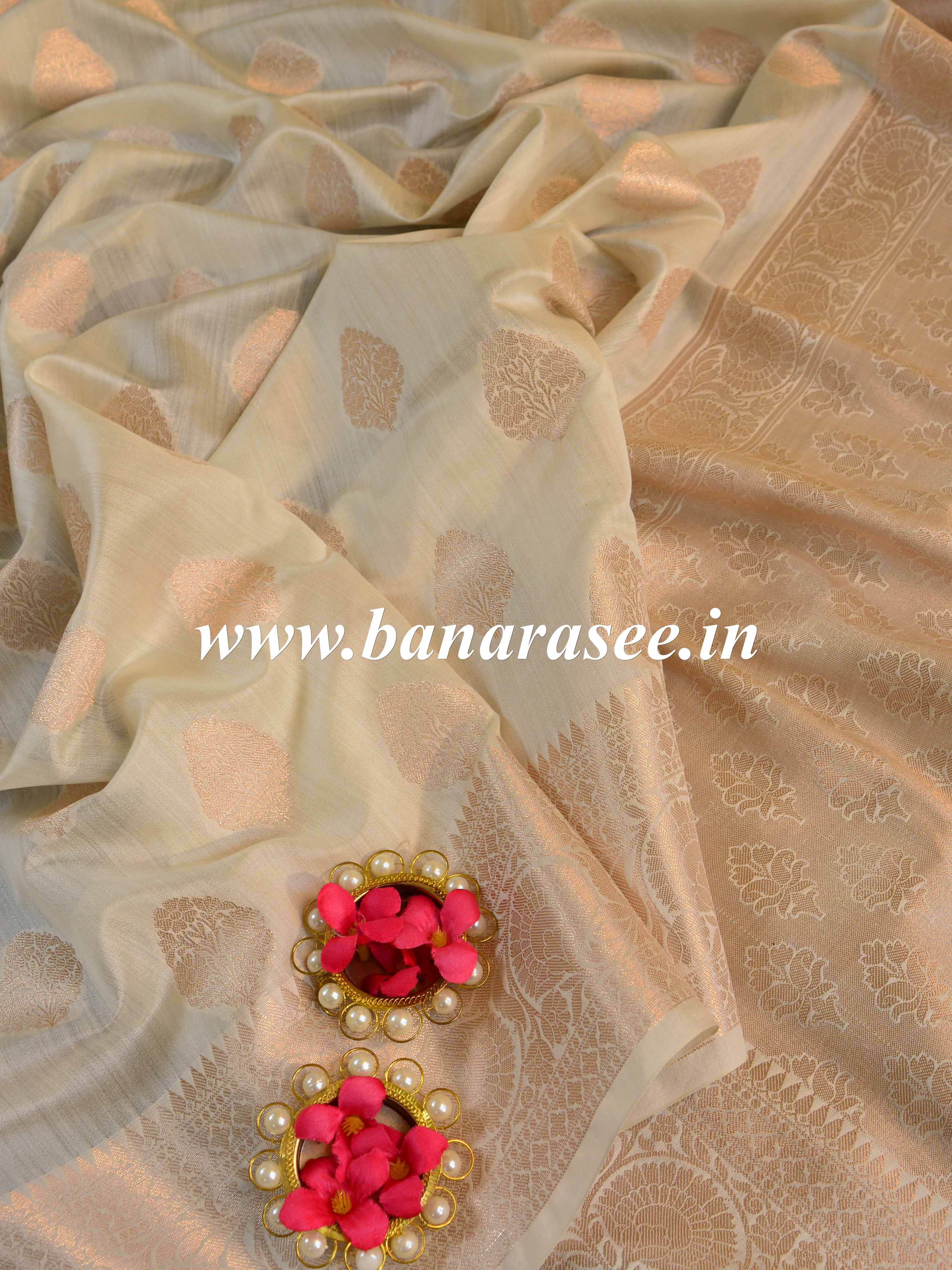 Banarasee Handloom Pure Chiniya Silk Saree With Zari Work-Ivory White