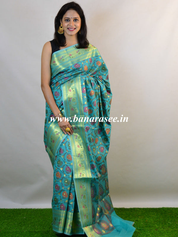 Banarasee Handwoven Semi Silk Saree With Multicolor Floral Jaal-Blue