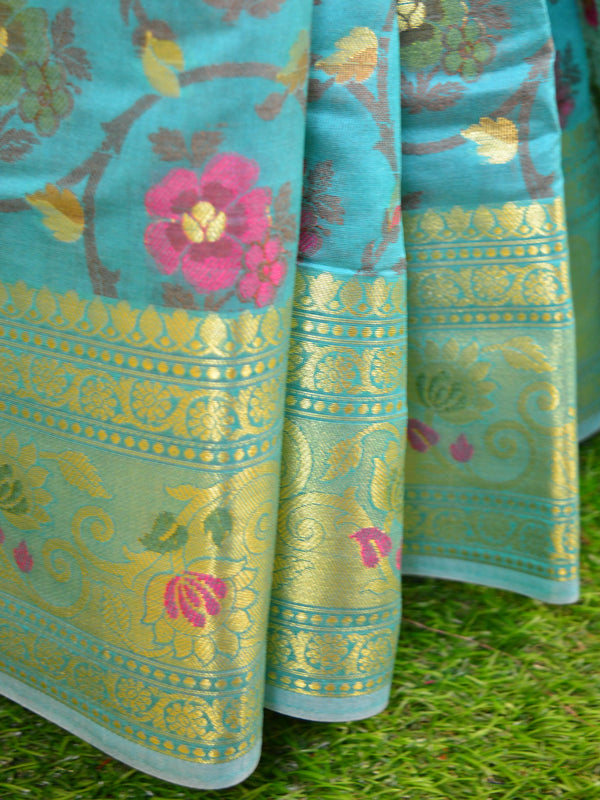 Banarasee Handwoven Semi Silk Saree With Multicolor Floral Jaal-Blue