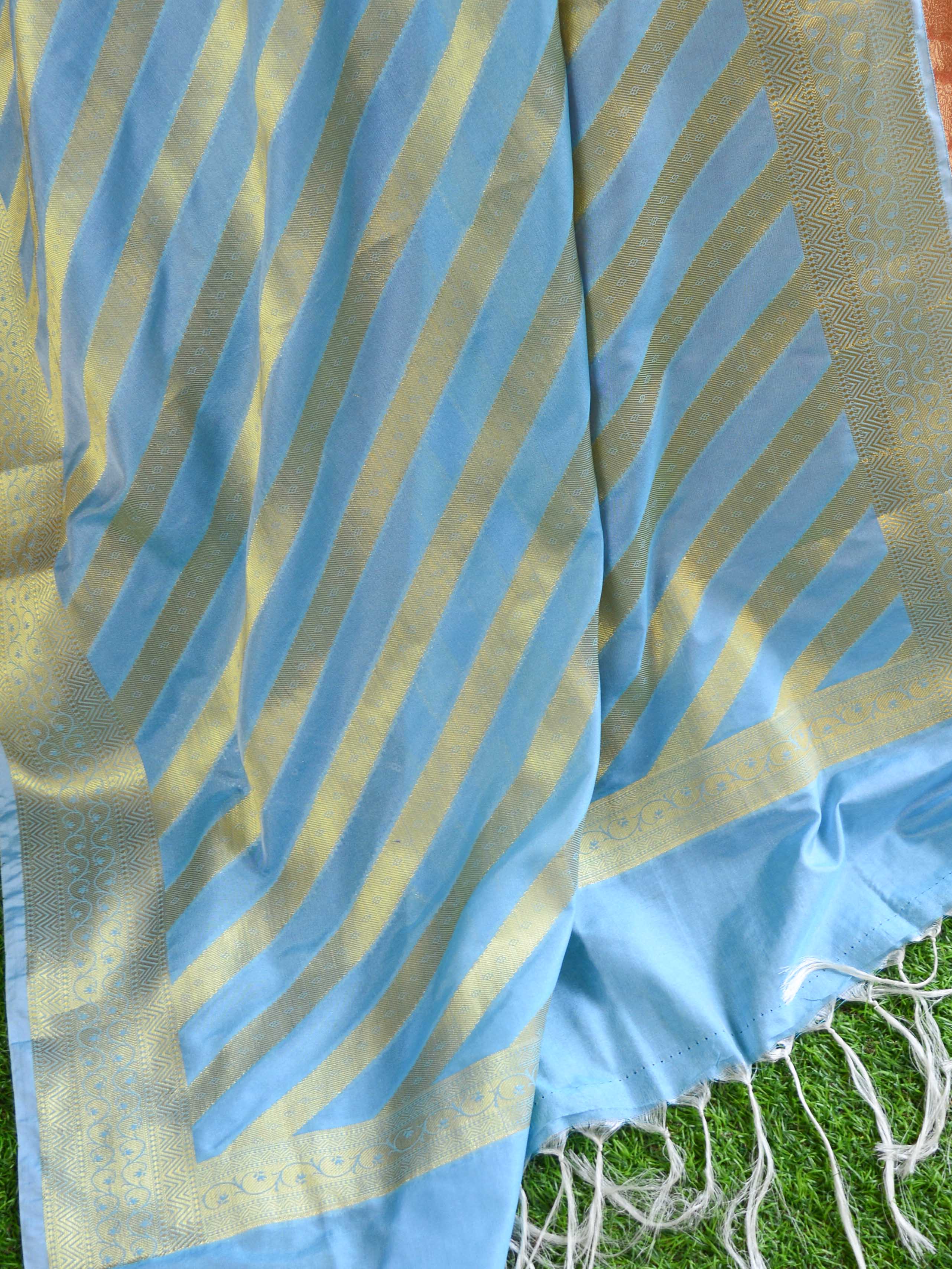 Banarasee Stitched Organza Lehenga & Blouse Fabric With Semi Silk Dupatta-Peach & Blue
