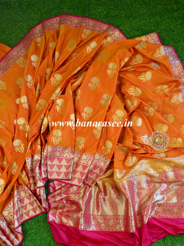 Banarasee Handwoven Georgette Silk Saree With Big Buta and Triangle Border Design-Gold(Orange Tone)