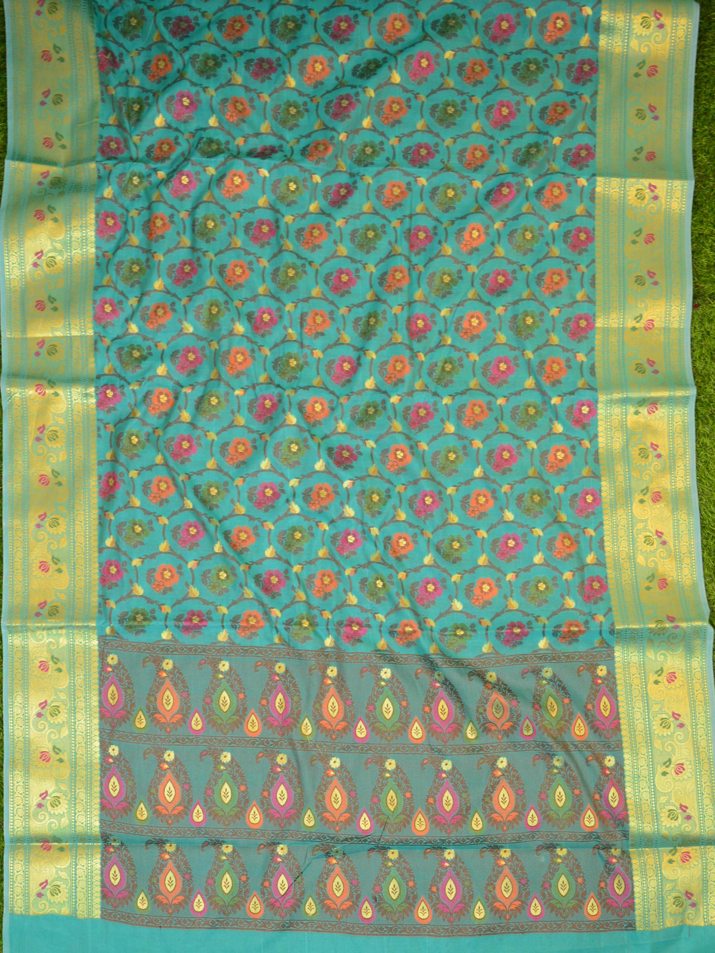 Banarasee Handwoven Semi Silk Saree With Multicolor Floral Jaal-Blue