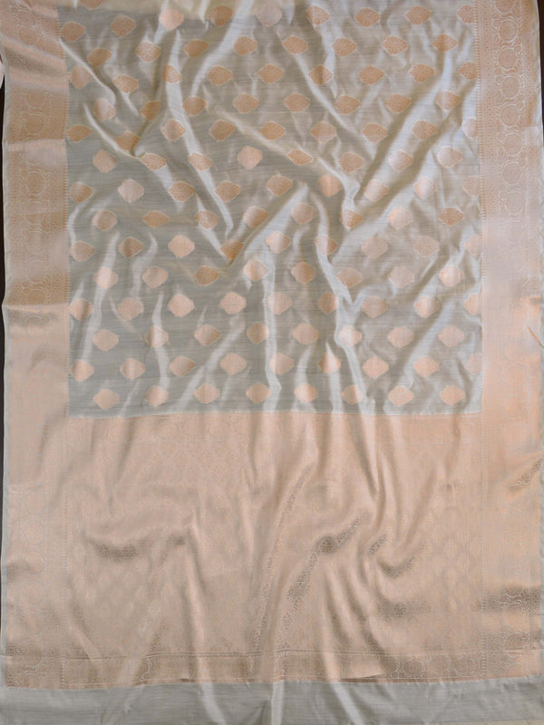 Banarasee Handloom Pure Chiniya Silk Saree With Zari Work-Ivory White