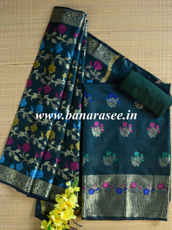 Banarasee Chanderi Cotton Salwar Kameez Fabric With Dupatta Buta Design-Deep Green