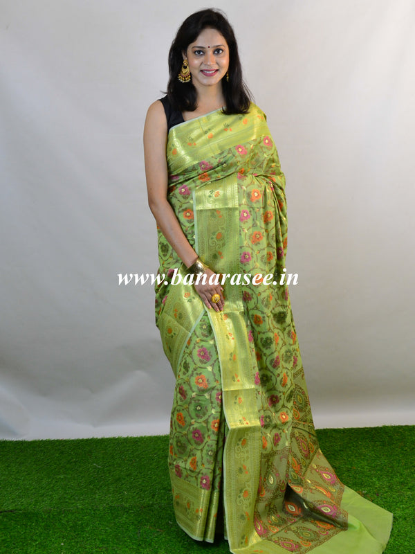 Banarasee Handwoven Semi Silk Saree With Multicolor Floral Jaal-Green