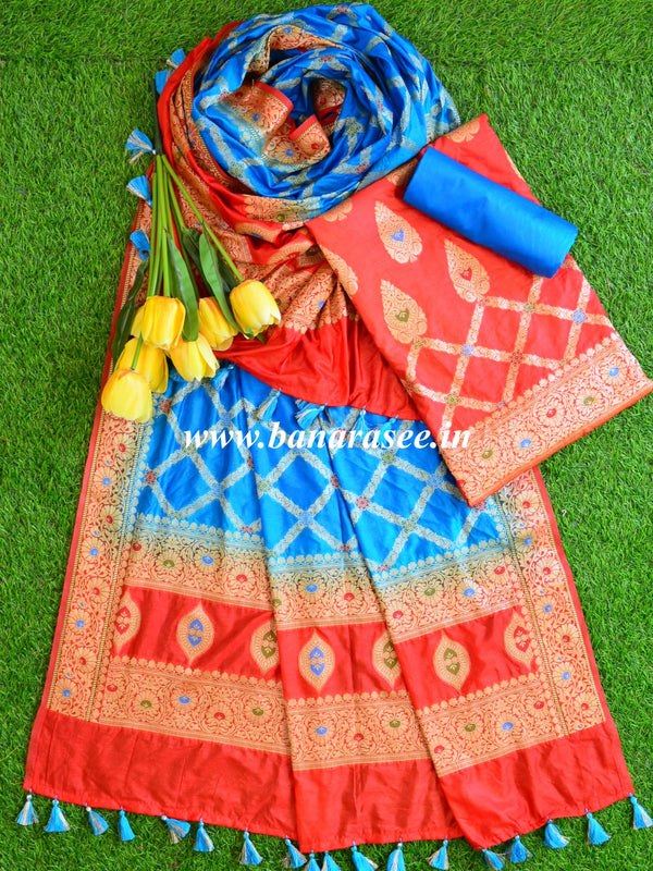 Banarasee Salwar Kameez Glossy Semi Silk Fabric-Blue & Red