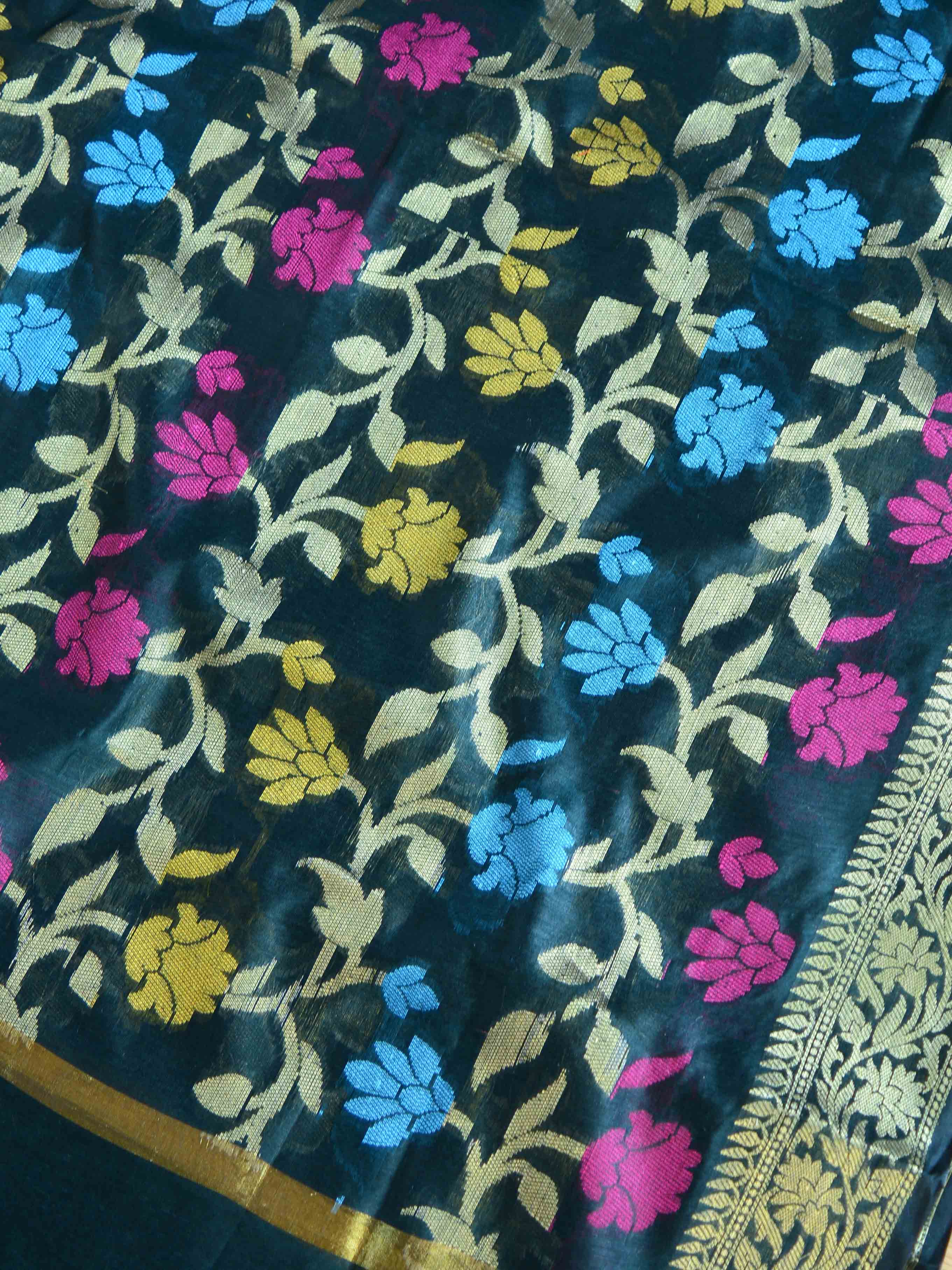 Banarasee Chanderi Cotton Salwar Kameez Fabric With Dupatta Buta Design-Deep Green