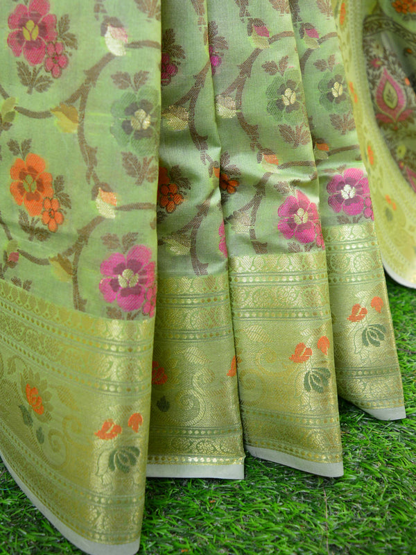 Banarasee Handwoven Semi Silk Saree With Multicolor Floral Jaal-Green