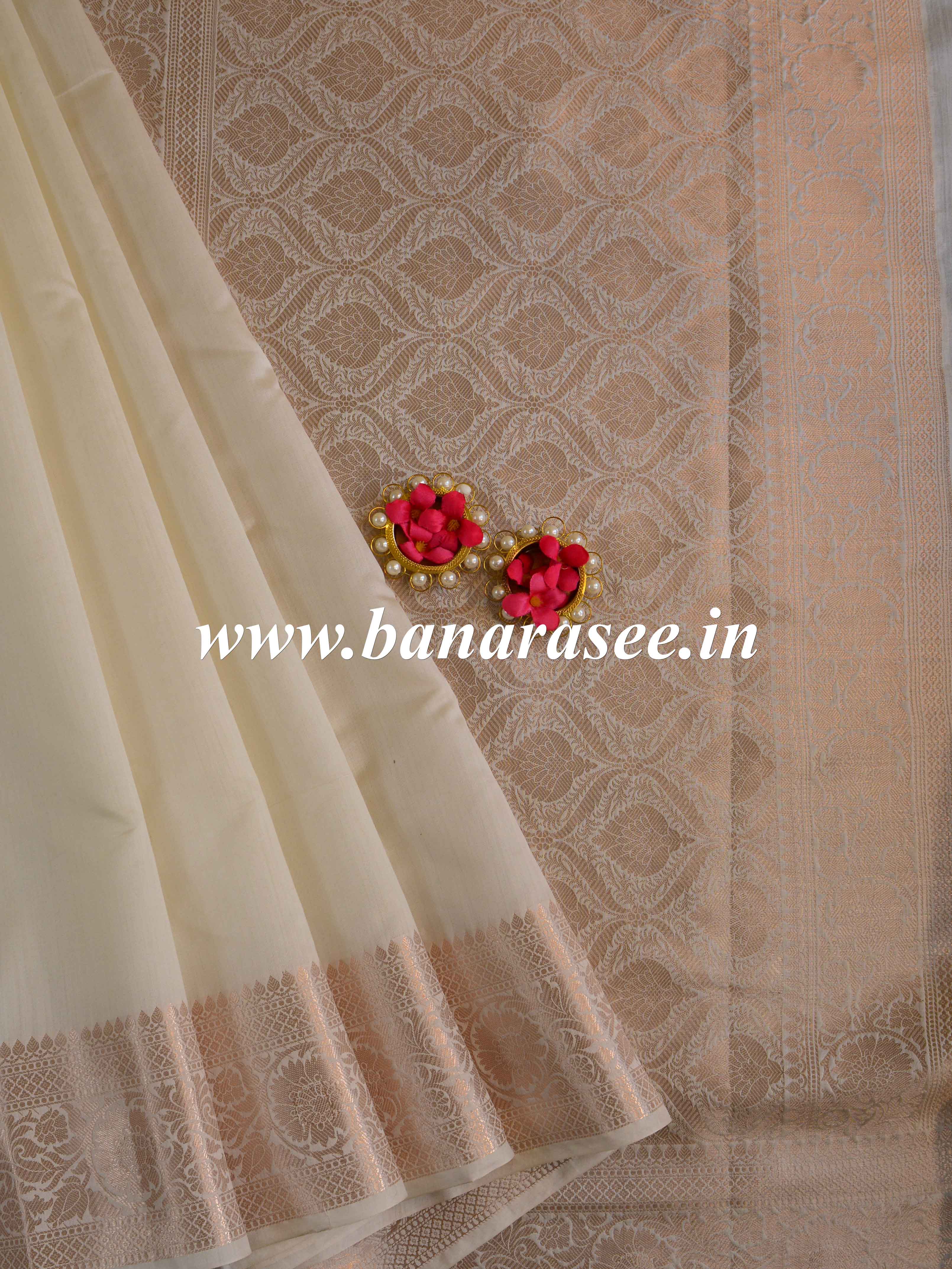 Banarasee Handloom Pure Chiniya Silk Saree With Zari Work-Ivory White