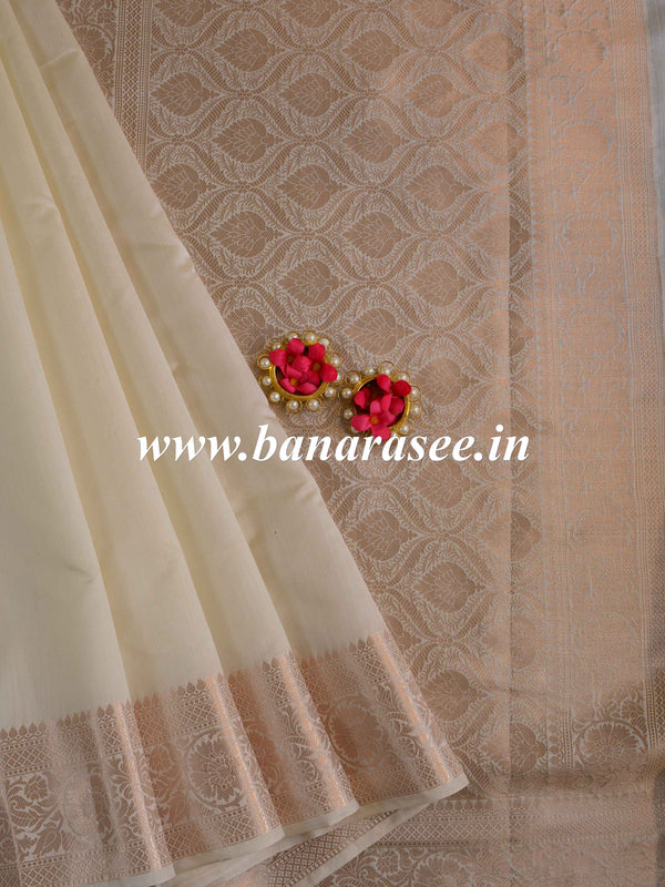 Banarasee Handloom Pure Chiniya Silk Saree With Zari Work-Ivory White