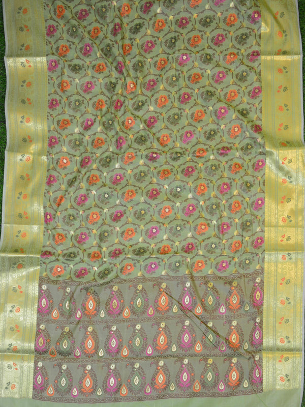 Banarasee Handwoven Semi Silk Saree With Multicolor Floral Jaal-Green