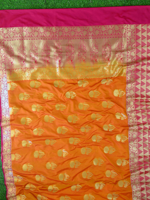 Banarasee Handwoven Georgette Silk Saree With Big Buta and Triangle Border Design-Gold(Orange Tone)