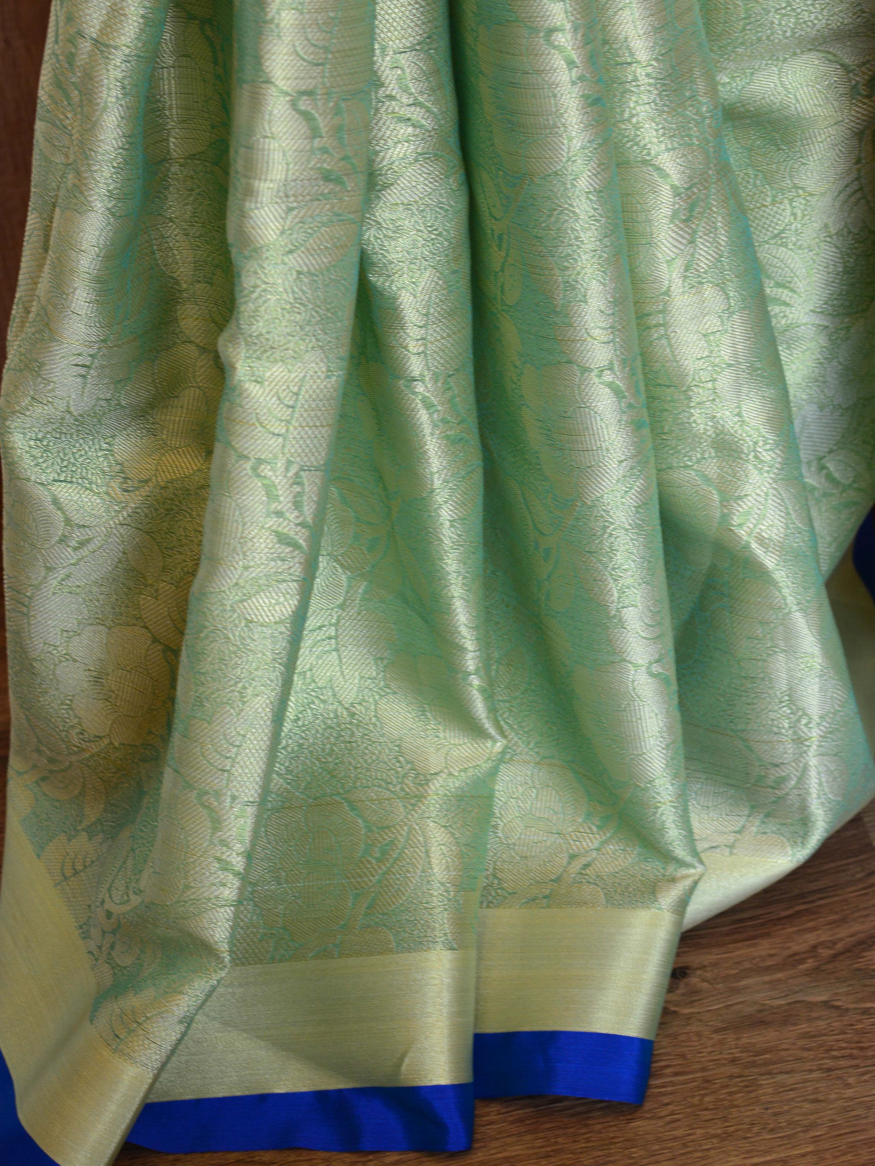 Banarasee Kora Muslin Saree With Tanchoi Design & Blue Border-Green