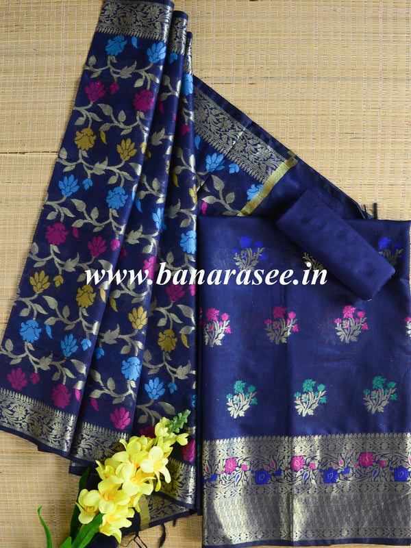 Banarasee Chanderi Cotton Salwar Kameez Fabric With Dupatta Buta Design-Blue