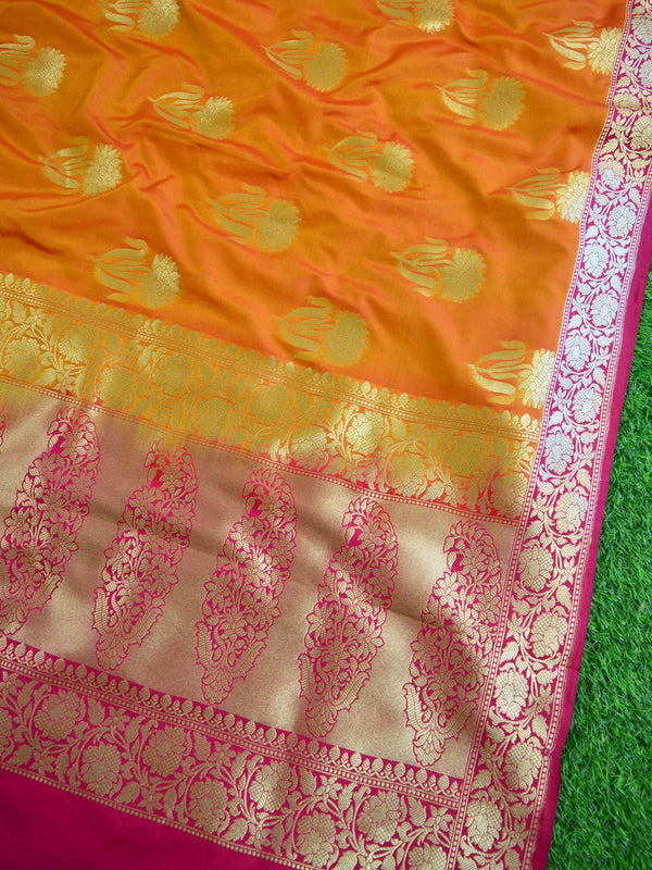 Banarasee Handwoven Georgette Silk Saree With Big Buta and Triangle Border Design-Gold(Orange Tone)