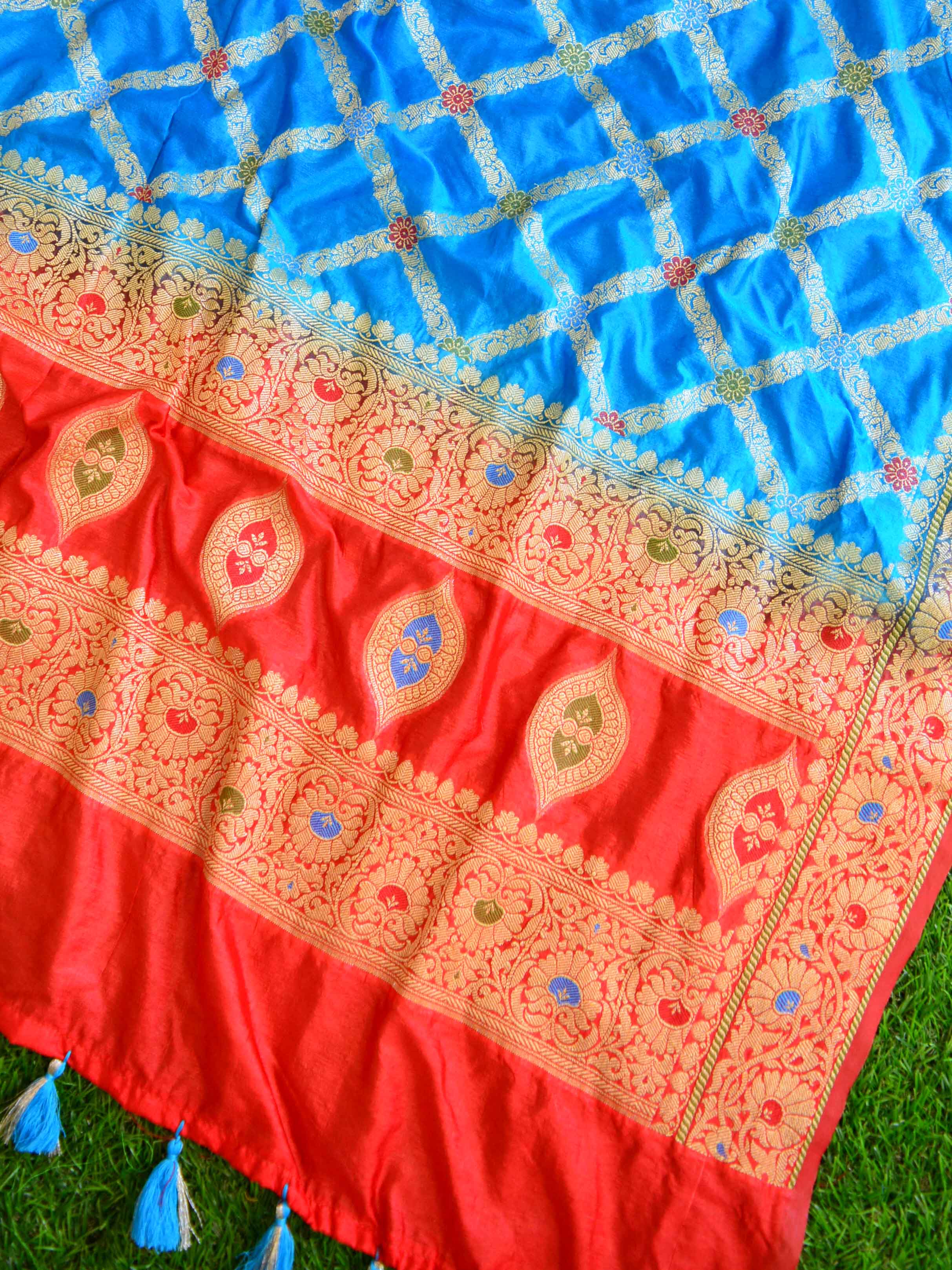 Banarasee Salwar Kameez Glossy Semi Silk Fabric-Blue & Red
