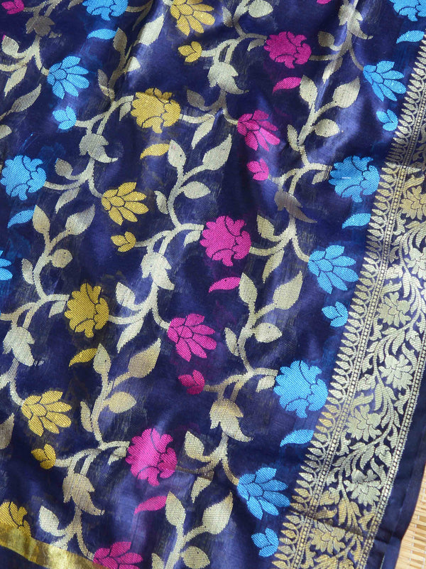 Banarasee Chanderi Cotton Salwar Kameez Fabric With Dupatta Buta Design-Blue