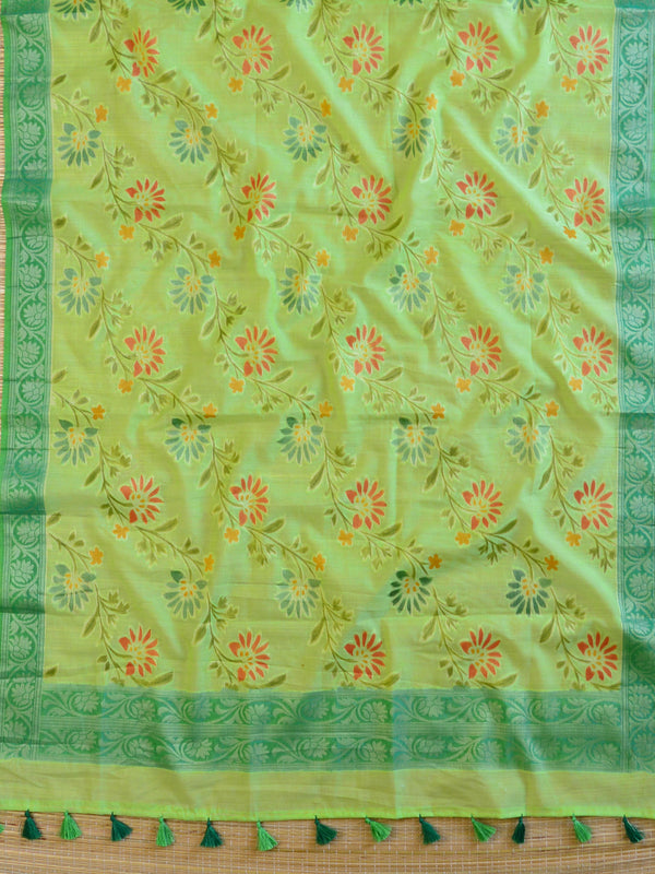 Banarasee Cotton Silk Handpainted Floral Design Dupatta-Green