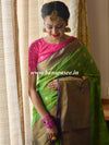 Banarasee Handwoven Semi Silk Saree With Zari Buta Design & Floral Border-Pastel Green