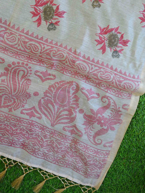 Banarasee Floral Print Cotton Silk Saree-Off White