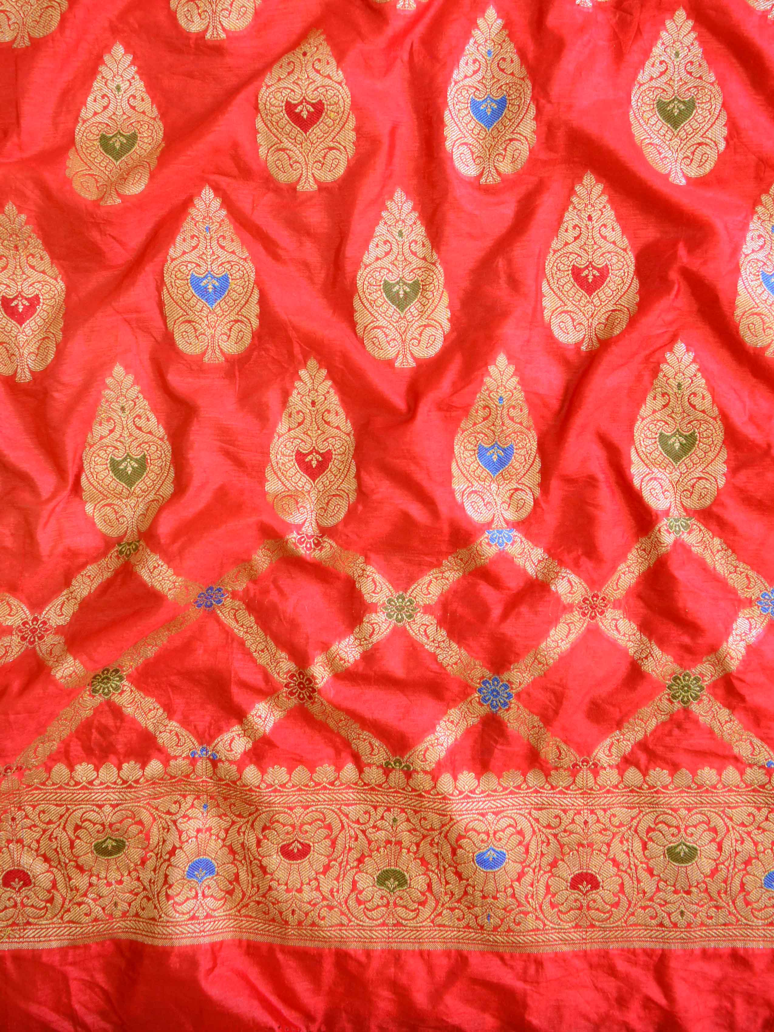 Banarasee Salwar Kameez Glossy Semi Silk Fabric-Blue & Red