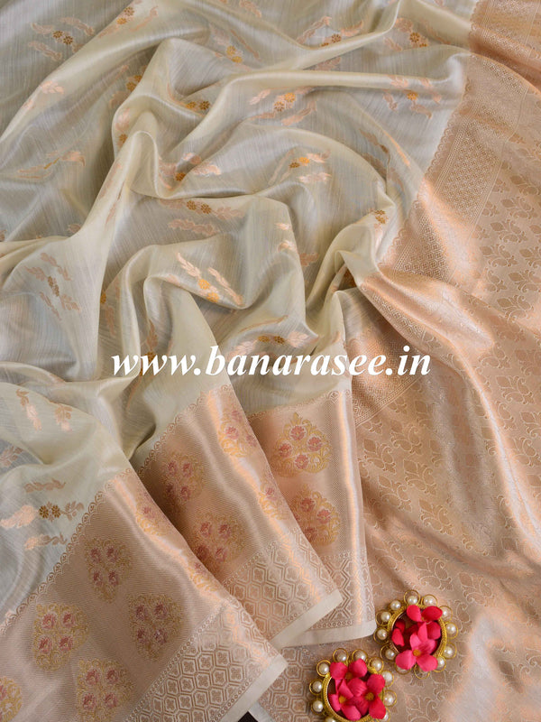 Banarasee Handloom Pure Chiniya Silk Saree With Sona Rupa Zari Work-Ivory White