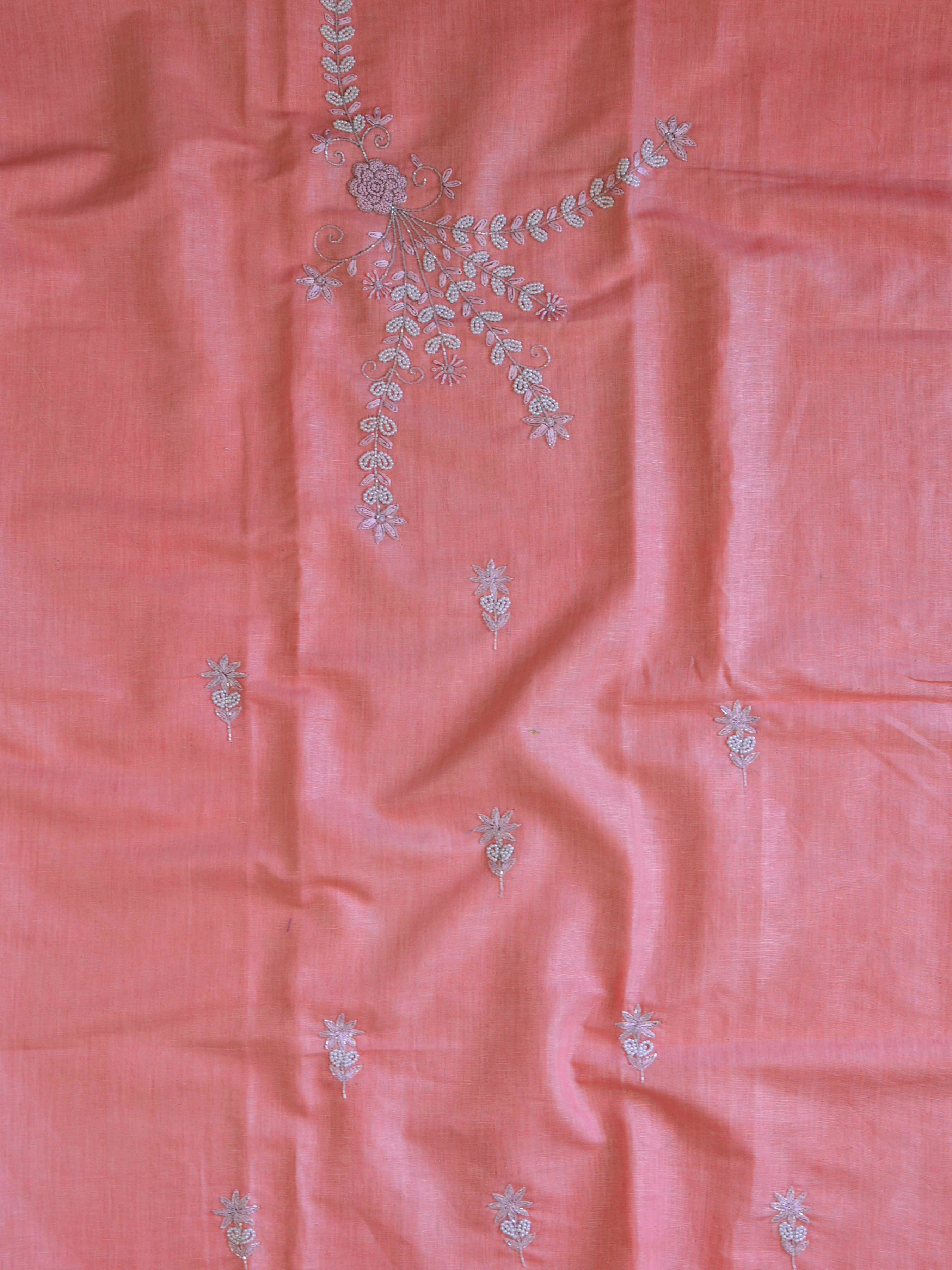 Handwoven Linen Salwar Kameez & Dupatta With Hand-Embroidered Pearl Work-Peach