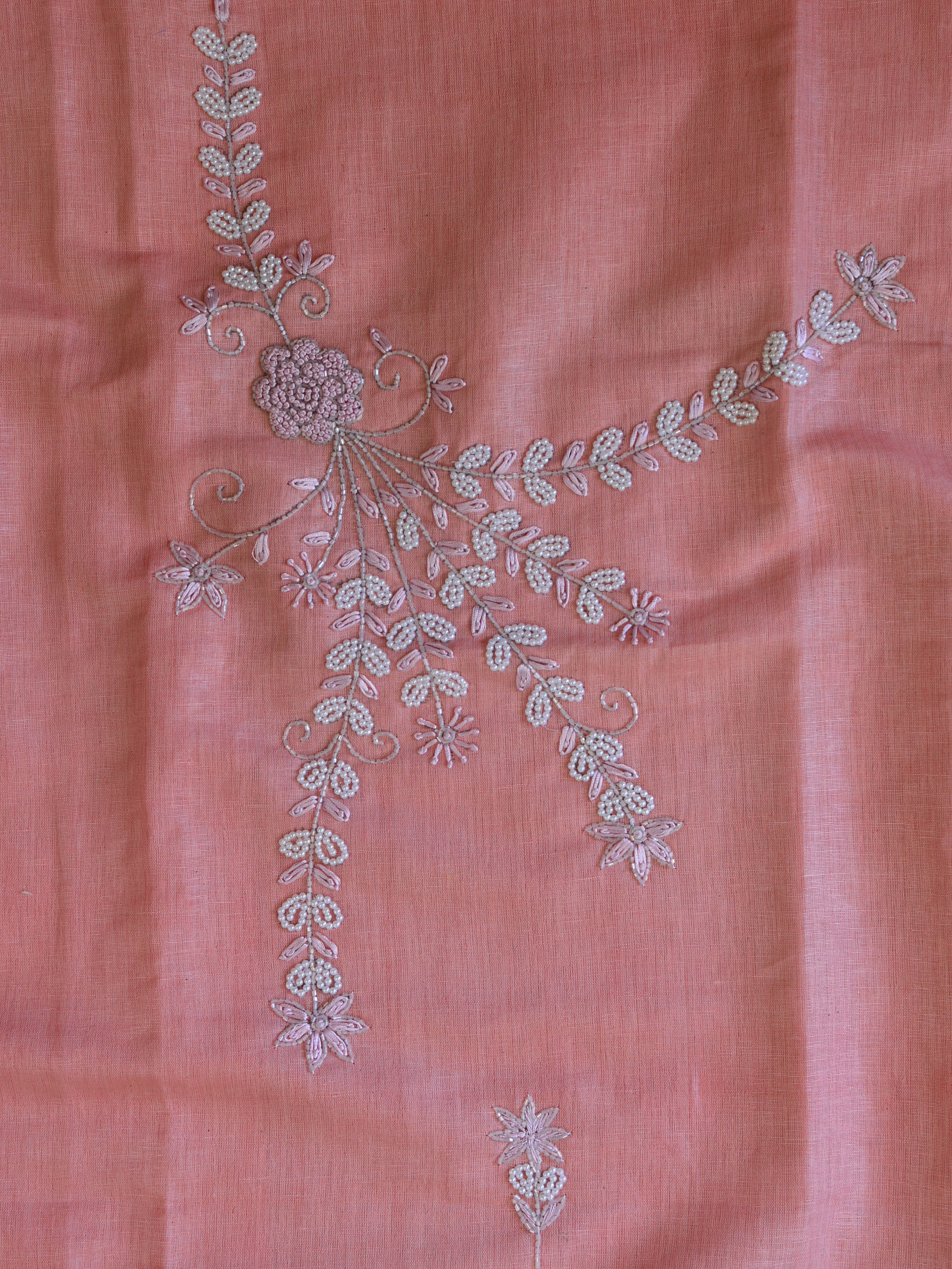 Handwoven Linen Salwar Kameez & Dupatta With Hand-Embroidered Pearl Work-Peach