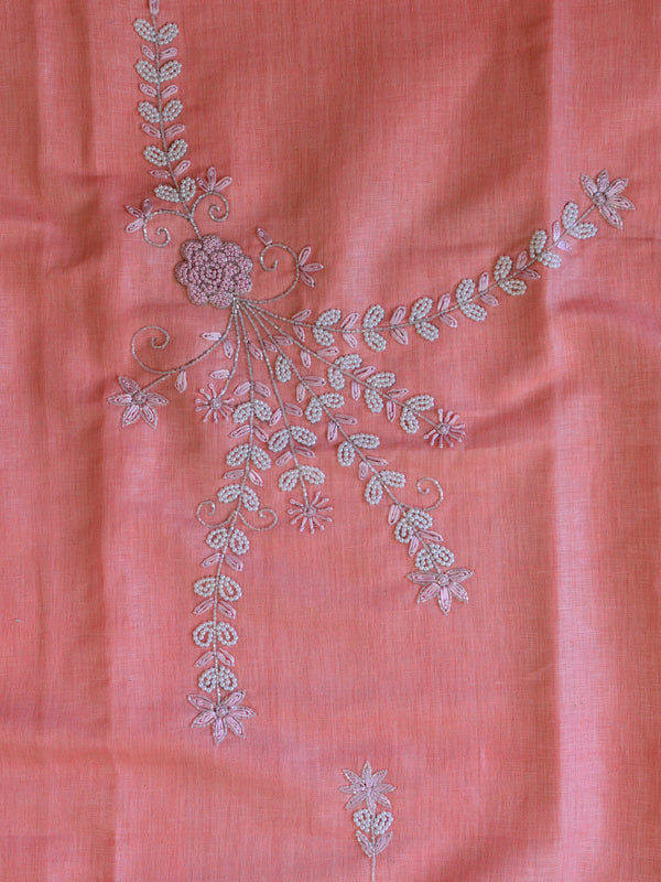 Handwoven Linen Salwar Kameez & Dupatta With Hand-Embroidered Pearl Work-Peach