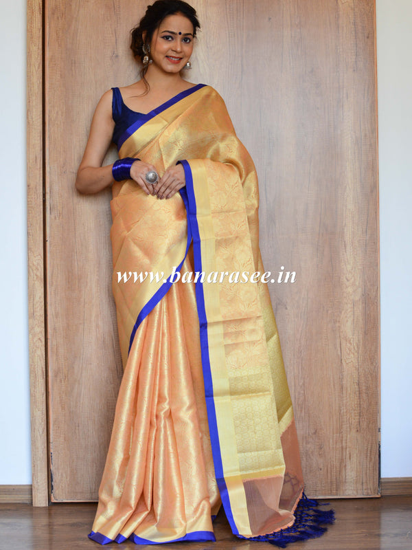 Banarasee Kora Muslin Saree With Tanchoi Design & Blue Border-Peach