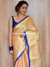 Banarasee Kora Muslin Saree With Tanchoi Design & Blue Border-Peach