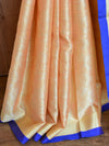 Banarasee Kora Muslin Saree With Tanchoi Design & Blue Border-Peach