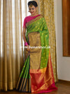 Banarasee Handwoven Semi Silk Saree With Zari Buta Design & Floral Border-Pastel Green