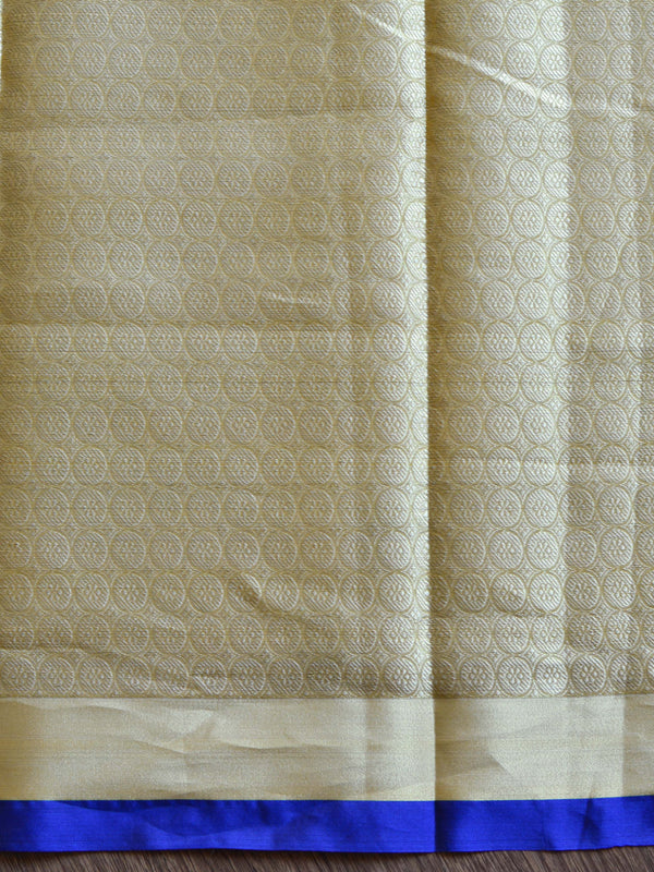 Banarasee Kora Muslin Saree With Tanchoi Design & Blue Border-Peach