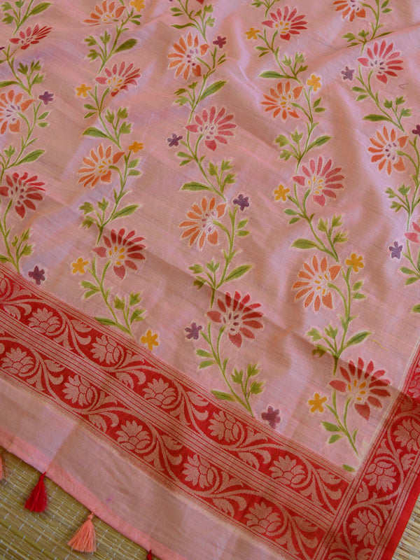 Banarasee Cotton Silk Handpainted Floral Design Dupatta-Peach