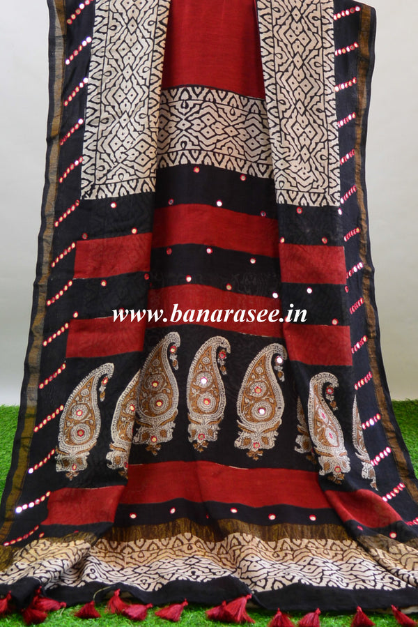 Banarasee Handloom Chanderi Bagru Block Printed Saree With Mirror Work-Red