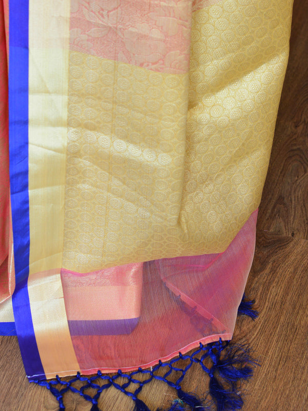 Banarasee Kora Muslin Saree With Tanchoi Design & Blue Border-Pink