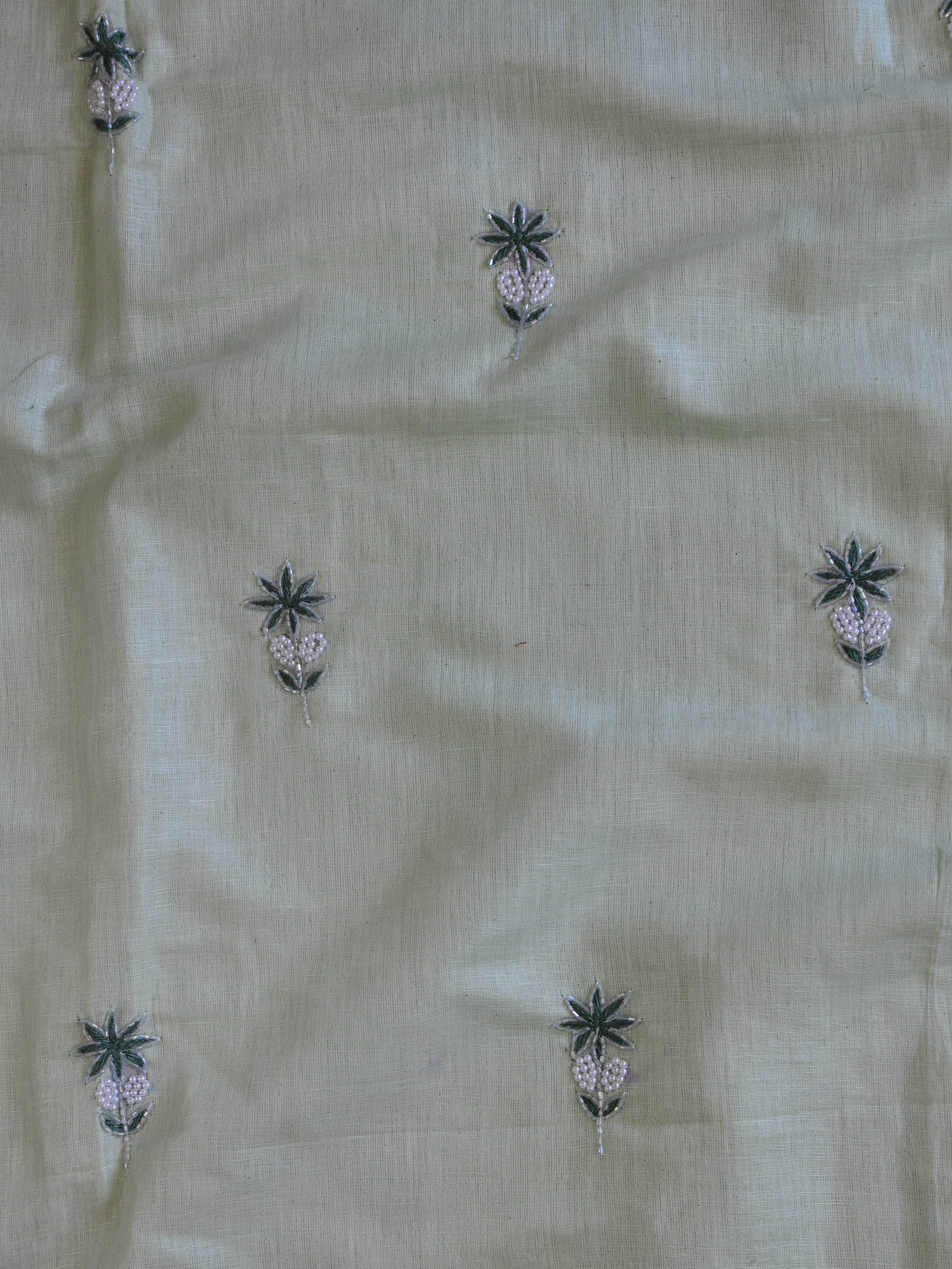 Handwoven Linen Salwar Kameez & Dupatta With Hand-Embroidered Pearl Work-Green