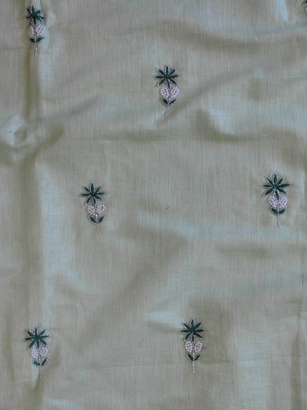 Handwoven Linen Salwar Kameez & Dupatta With Hand-Embroidered Pearl Work-Green