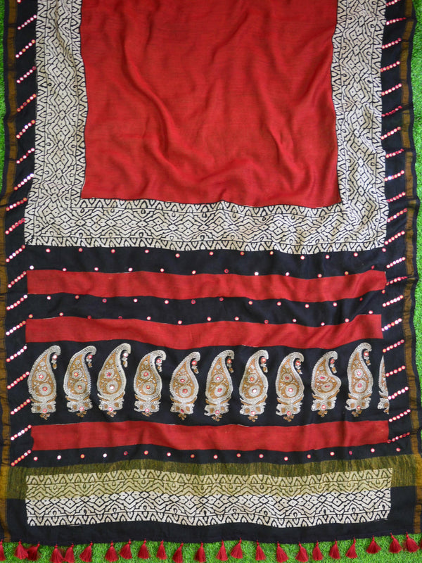 Banarasee Handloom Chanderi Bagru Block Printed Saree With Mirror Work-Red