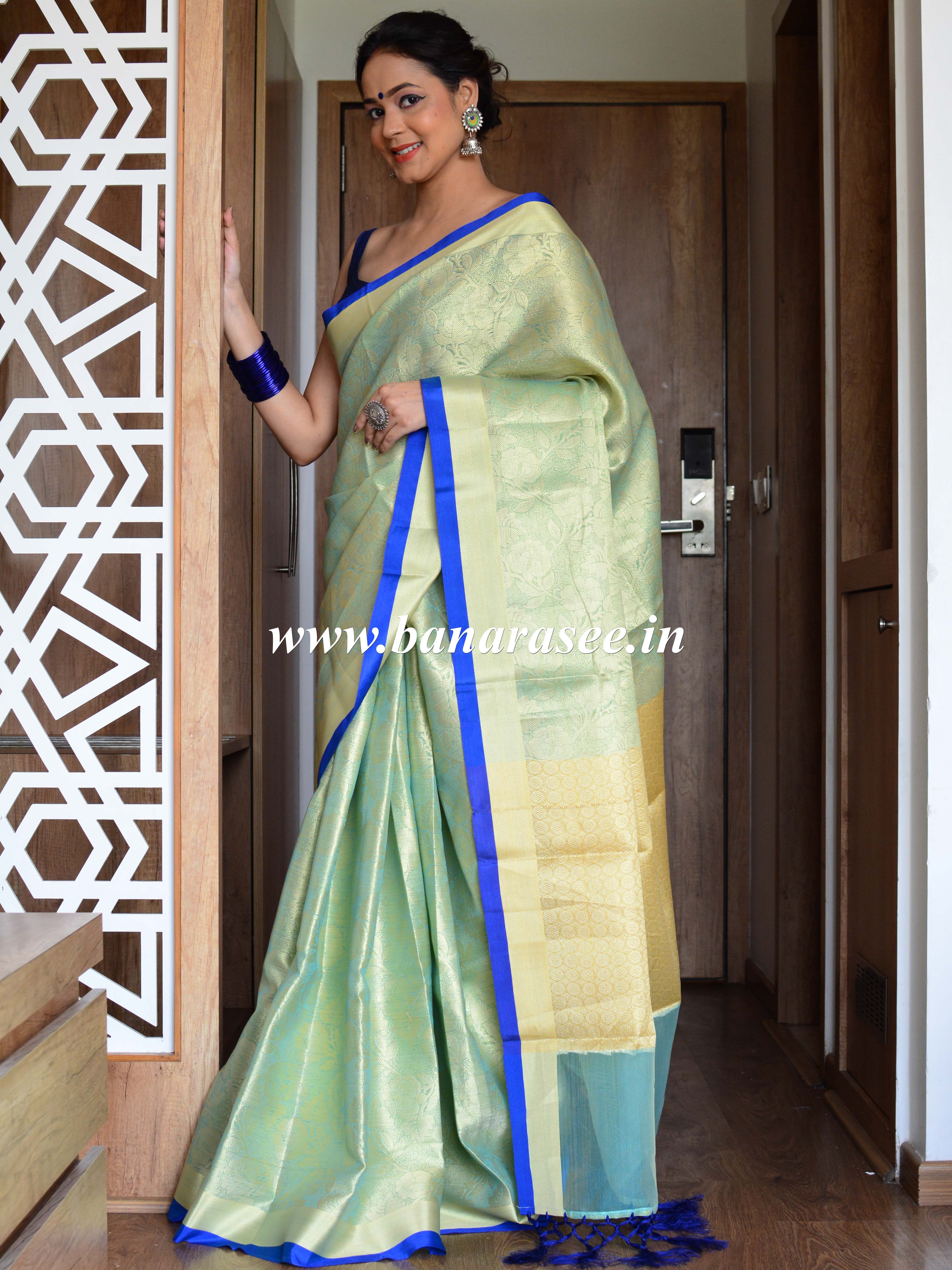 Banarasee Kora Muslin Saree With Tanchoi Design & Blue Border-Blue
