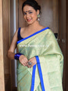 Banarasee Kora Muslin Saree With Tanchoi Design & Blue Border-Blue