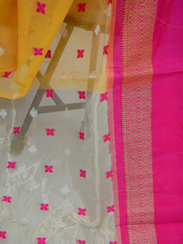 Banarasee Handloom Cotton Mix Saree With Satin Border & Tissue Pallu-Yellow