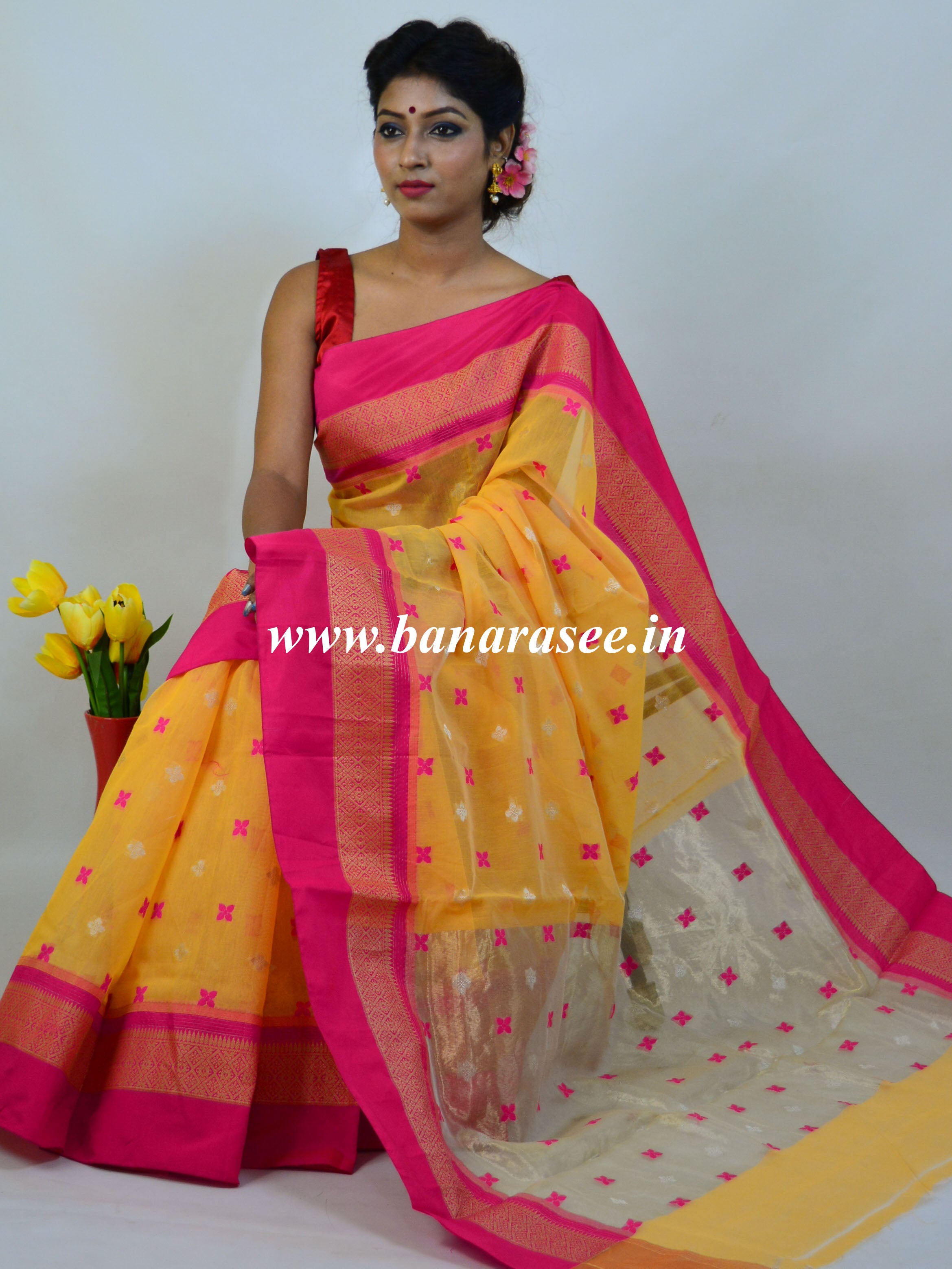 Banarasee Handloom Cotton Mix Saree With Satin Border & Tissue Pallu-Yellow