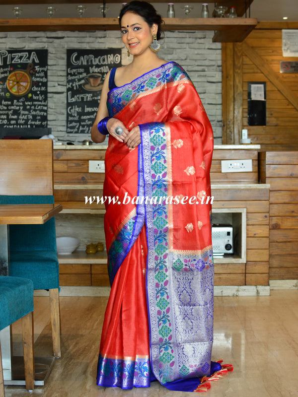 Banarasee Handwoven Pure Tussar Silk Sari With Zari Buta & Contrast Border-Red & Blue